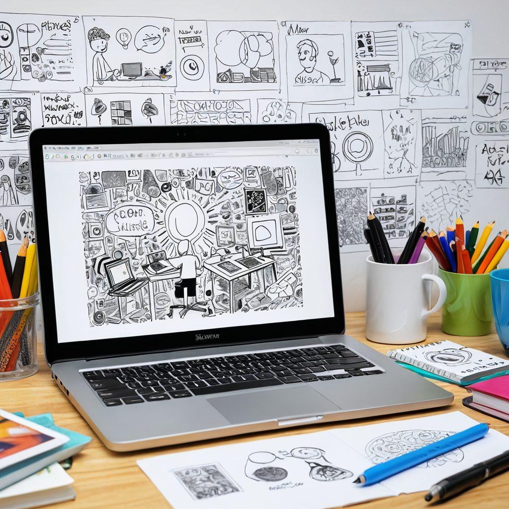 A dynamic scene showcasing an open laptop with vibrant blog pages transforming into visual stories, surrounded by creative tools like pens, sketches, and digital devices. Incorporate elements of storytelling such as animated characters, speech bubbles, and a diverse group of engaged online readers. Use bright colors to emphasize creativity and connection in digital storytelling. super-realistic. vibrant colors. digital art.