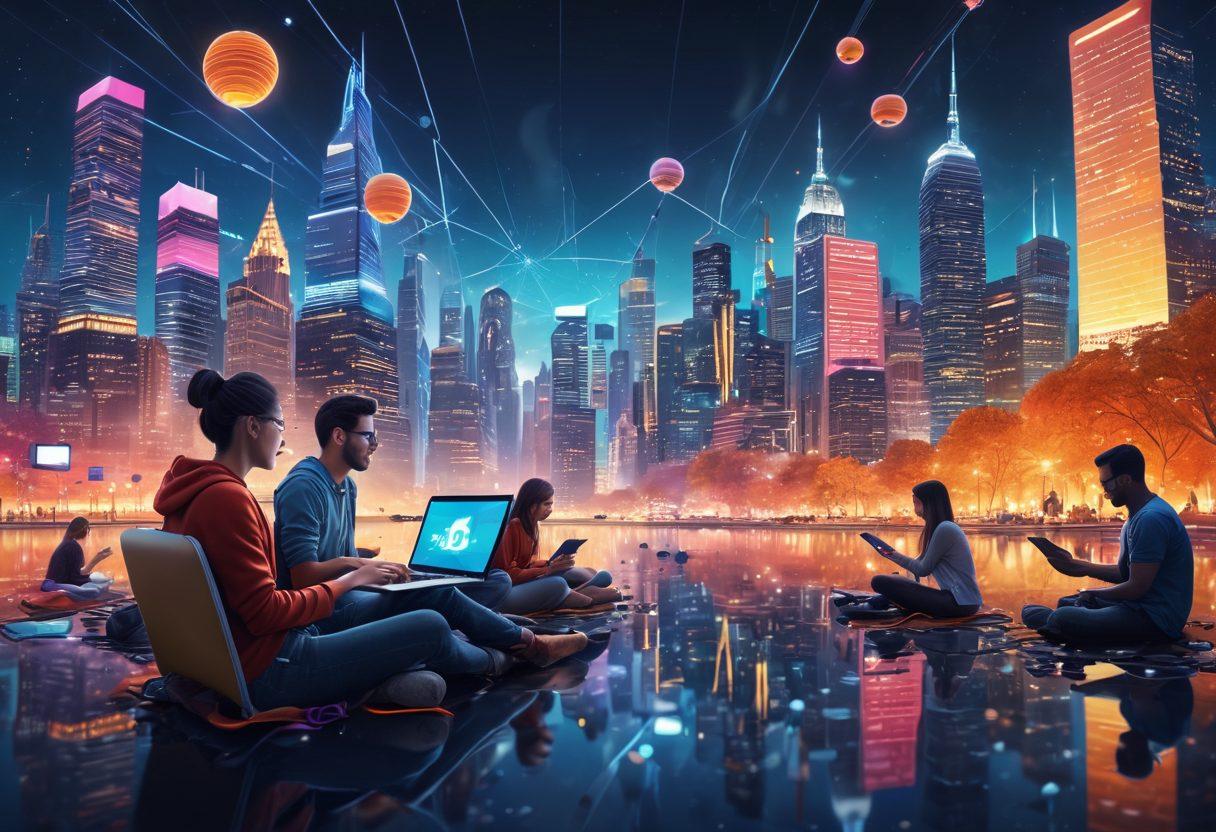 A vibrant, dynamic digital landscape featuring diverse people engaging with each other through laptops and smartphones, symbolizing connection and interaction within a blogosphere. Include social media icons floating around, with a lively color palette to evoke excitement and engagement. In the background, depict a modern city skyline representing growth and opportunities in blogging. super-realistic. vibrant colors. 3D.